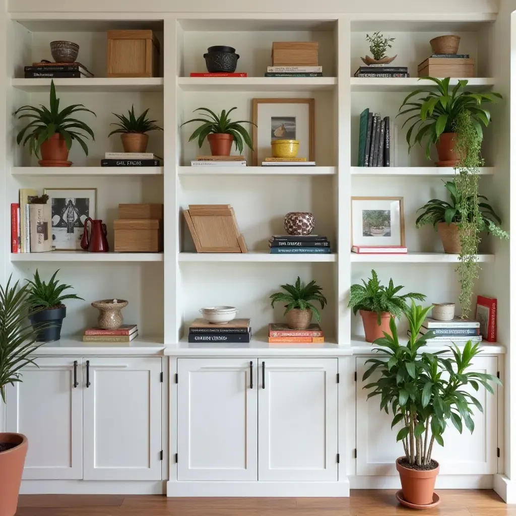 a photo of open shelving with a mix of books, plants, and decorative boxes