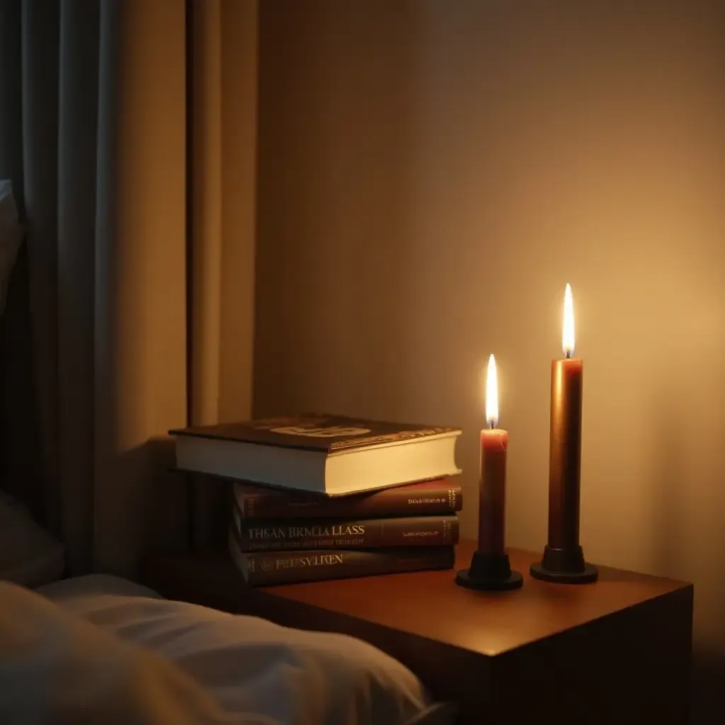 a photo of a cozy nightstand setup featuring books and a candle