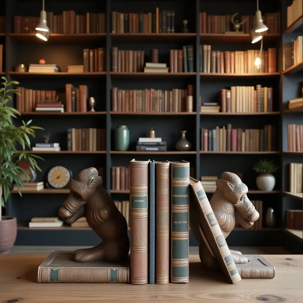 a photo of a library with artistic bookends on stylish shelves