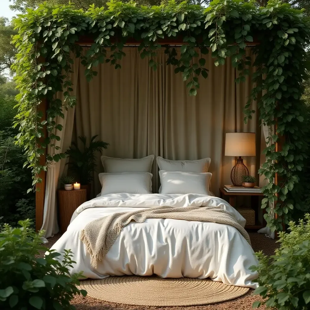 a photo of a simple bed surrounded by lush bohemian greenery