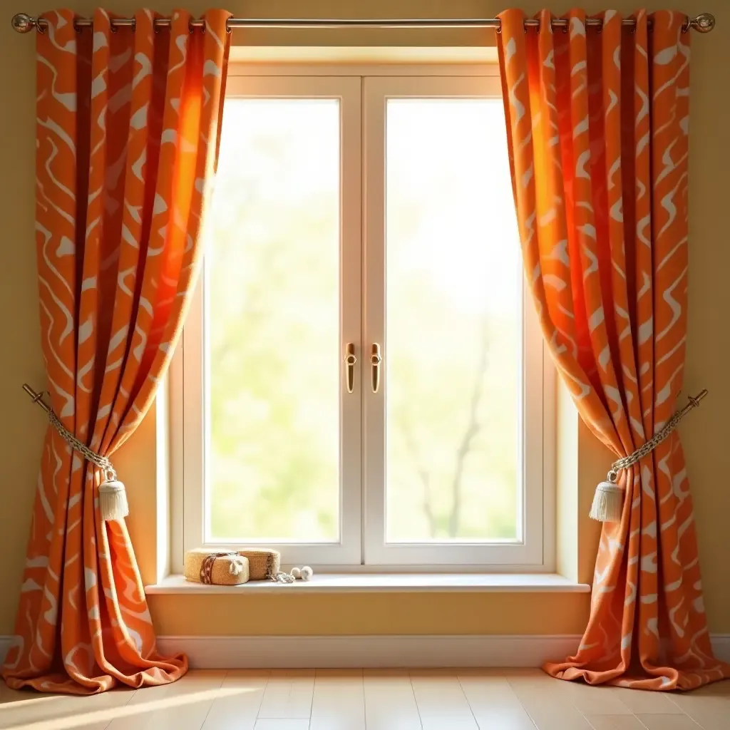 a photo of a vibrant, patterned curtain framing a sunny window