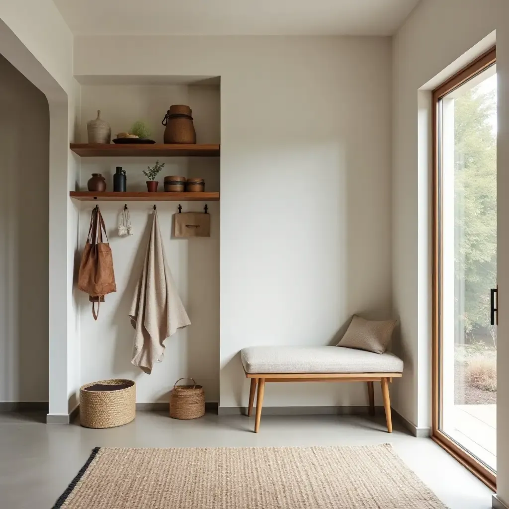 a photo of an inviting entrance hall featuring a soft bench and wall-mounted shelves