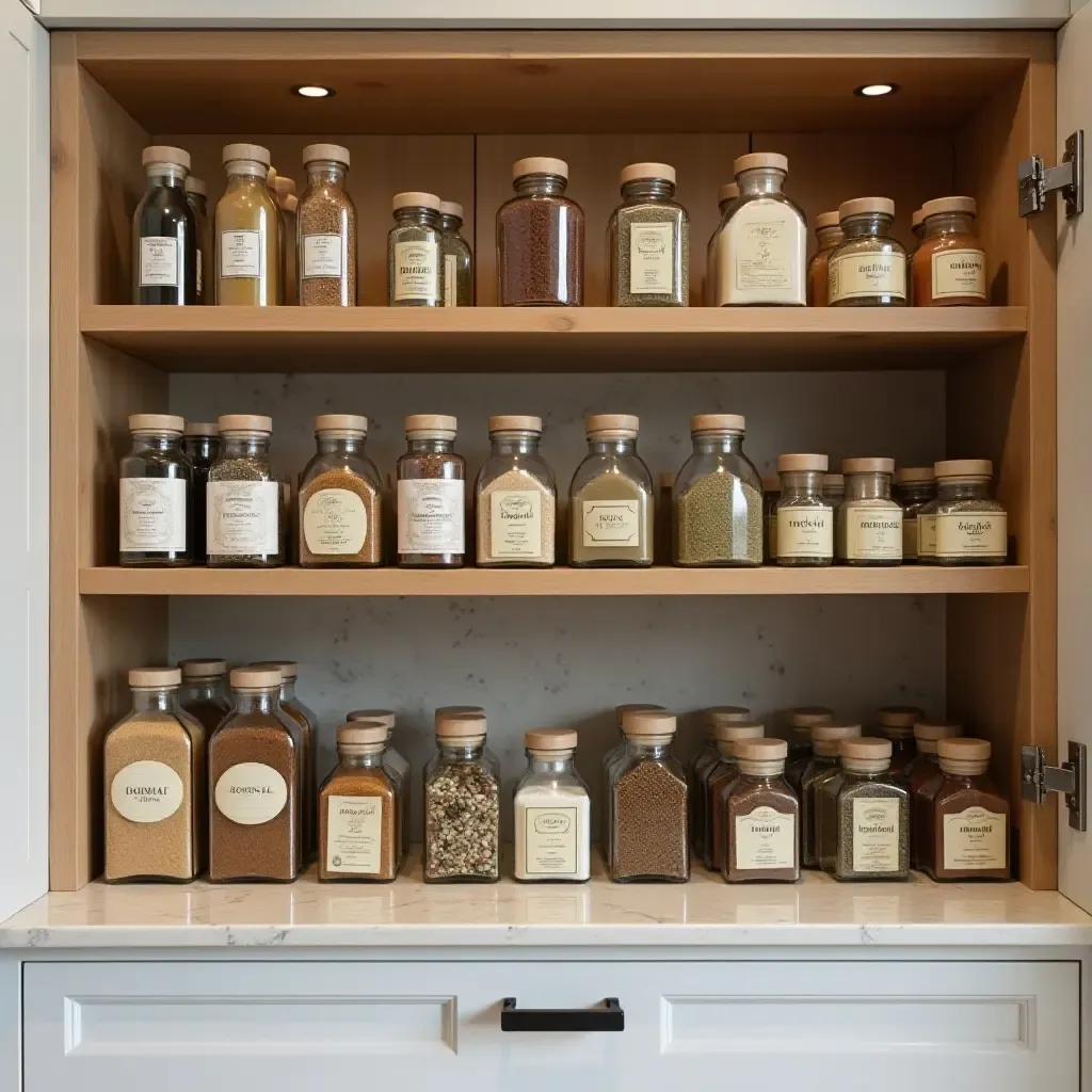 a photo of open shelving showcasing a well-organized spice collection