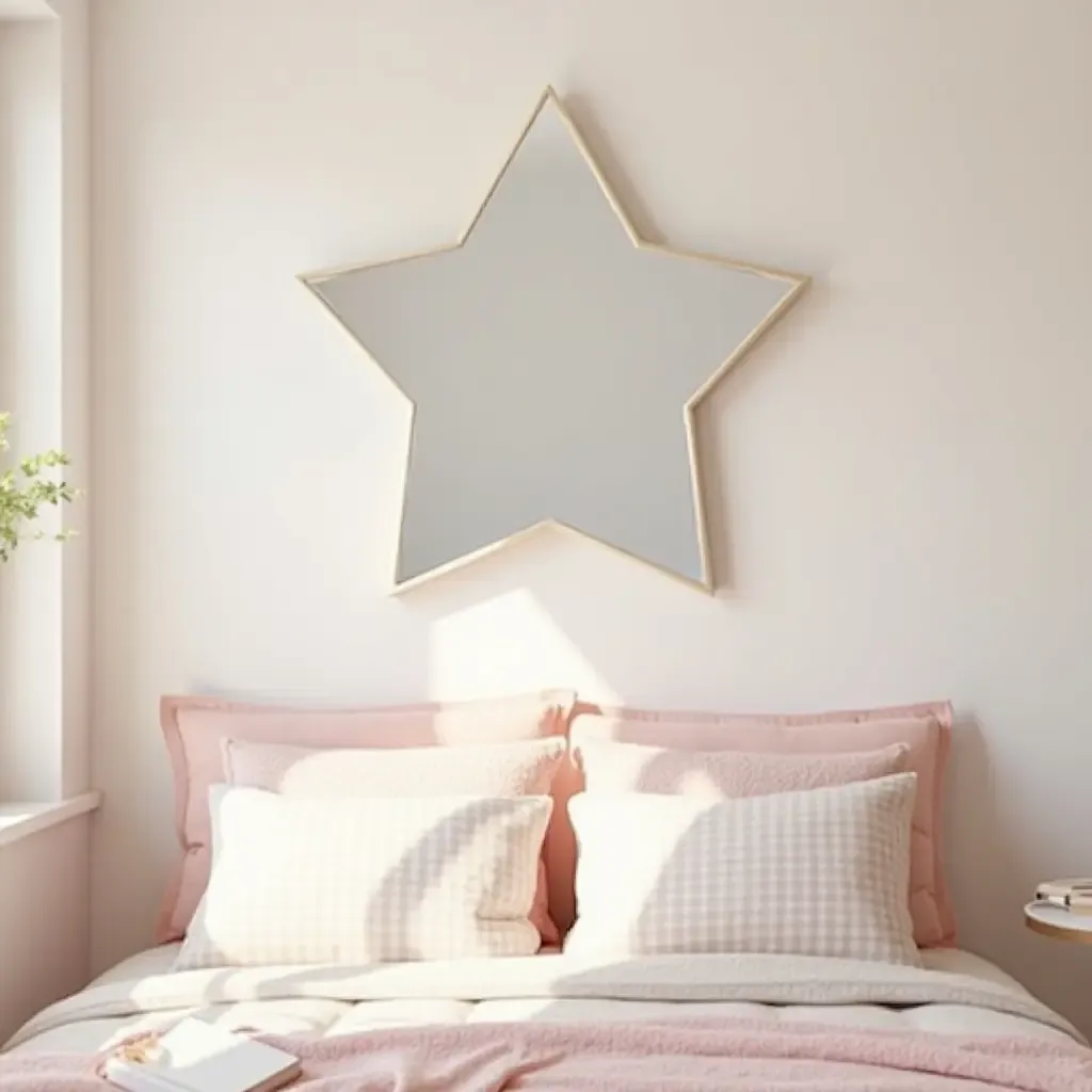 a photo of a dreamy children&#x27;s room with a star-shaped mirror and soft colors