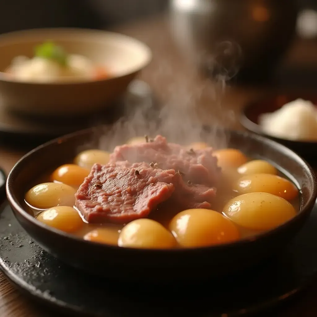 a photo of a hot pot of nikujaga with tender beef and potatoes in a cozy setting.