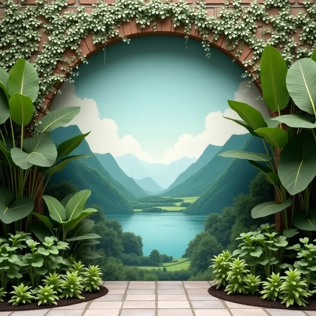 a photo of a serene landscape mural surrounded by plants