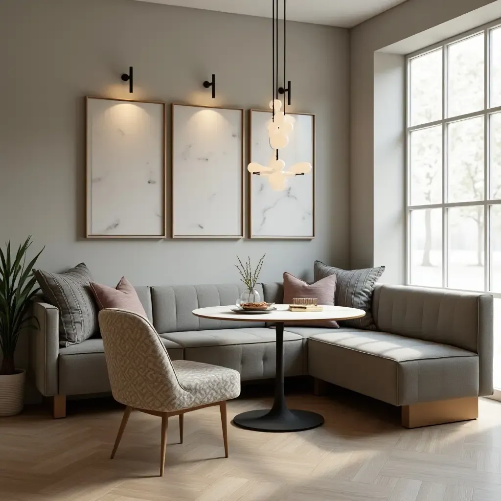 a photo of a modern breakfast nook with sleek furniture and geometric patterns