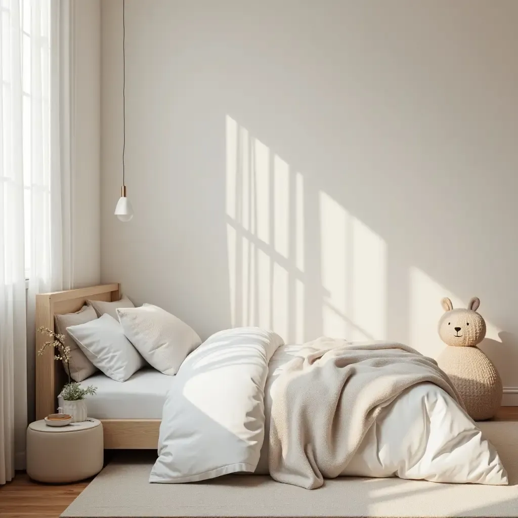 a photo of a minimalist teen bedroom with a calming color scheme and soft textures