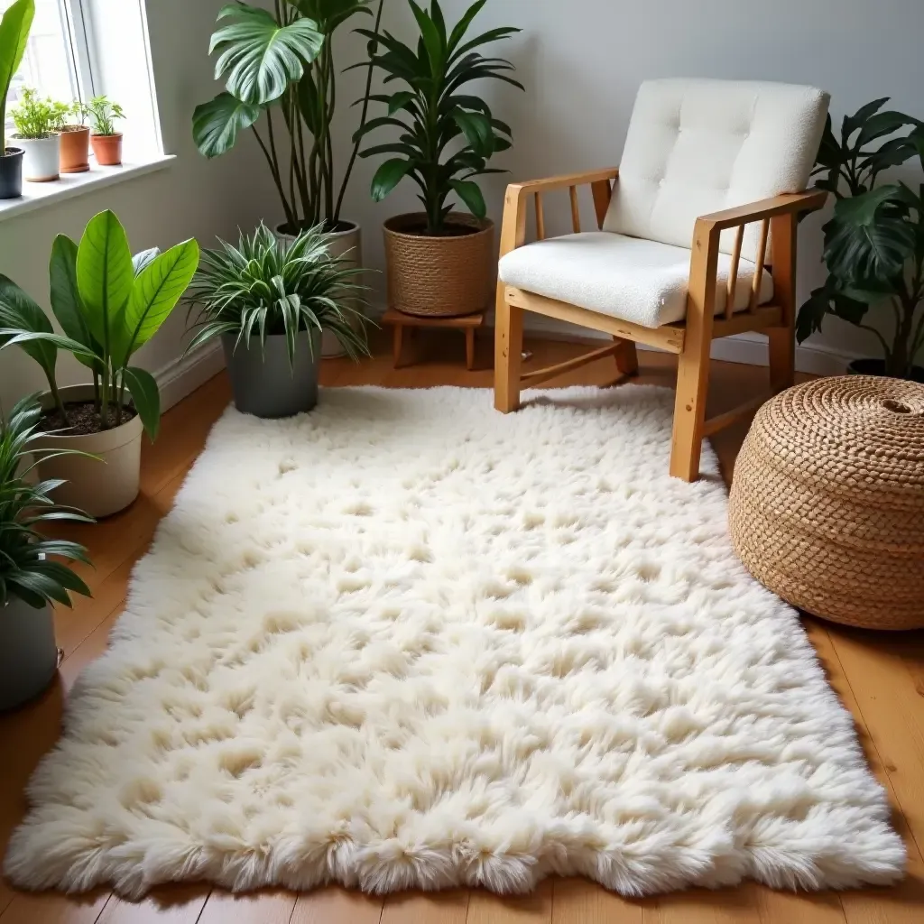 a photo of a cozy rug layered on wooden floors with plants around