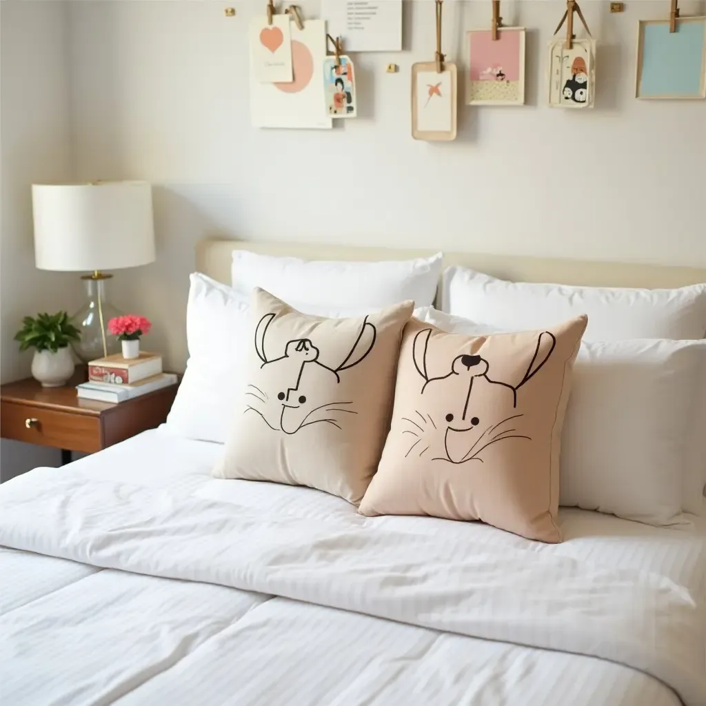 a photo of a playful bedroom with cartoon-themed throw pillows