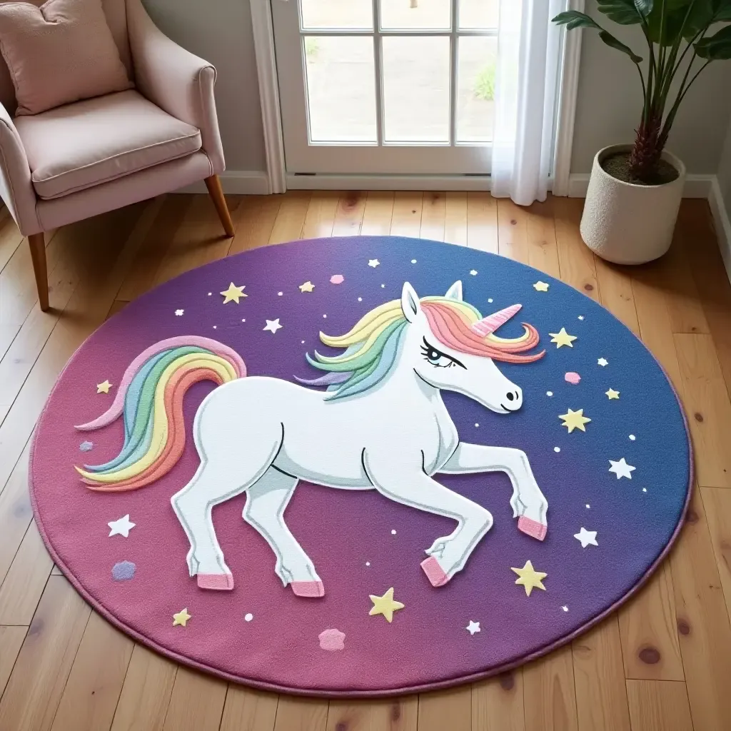 a photo of a whimsical unicorn-themed rug for a magical feel