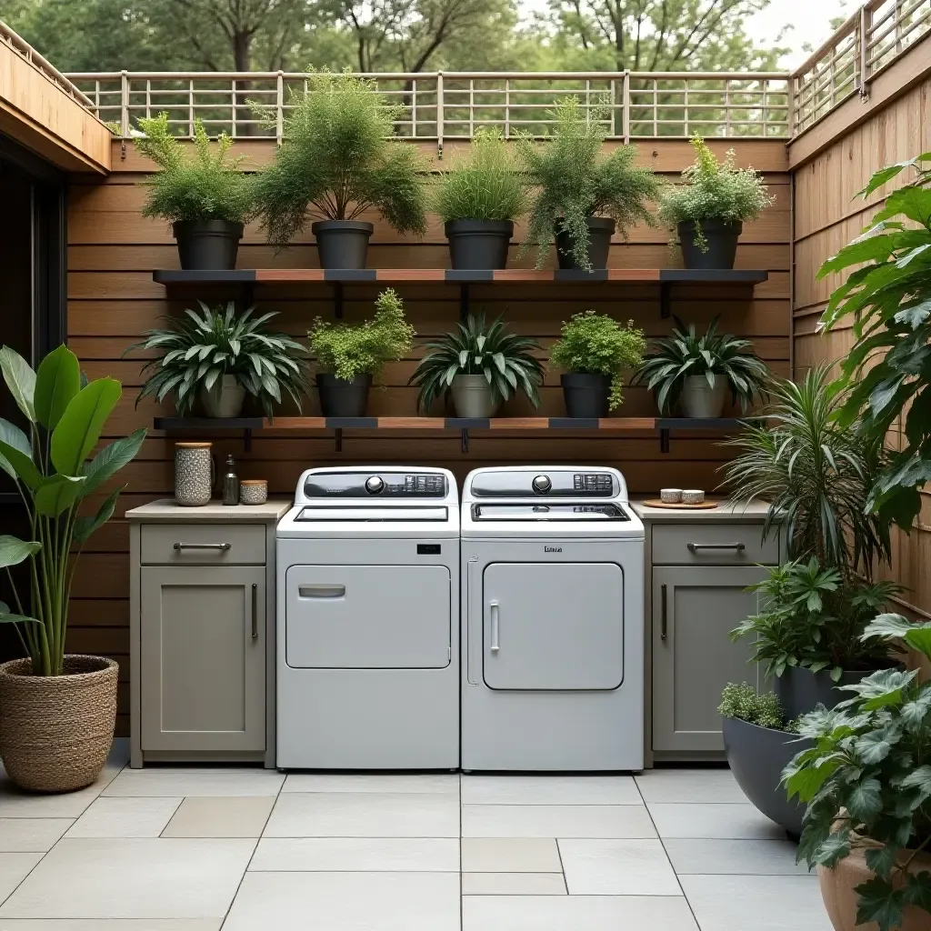 a photo of a modern outdoor laundry space with vertical gardens and stylish storage solutions