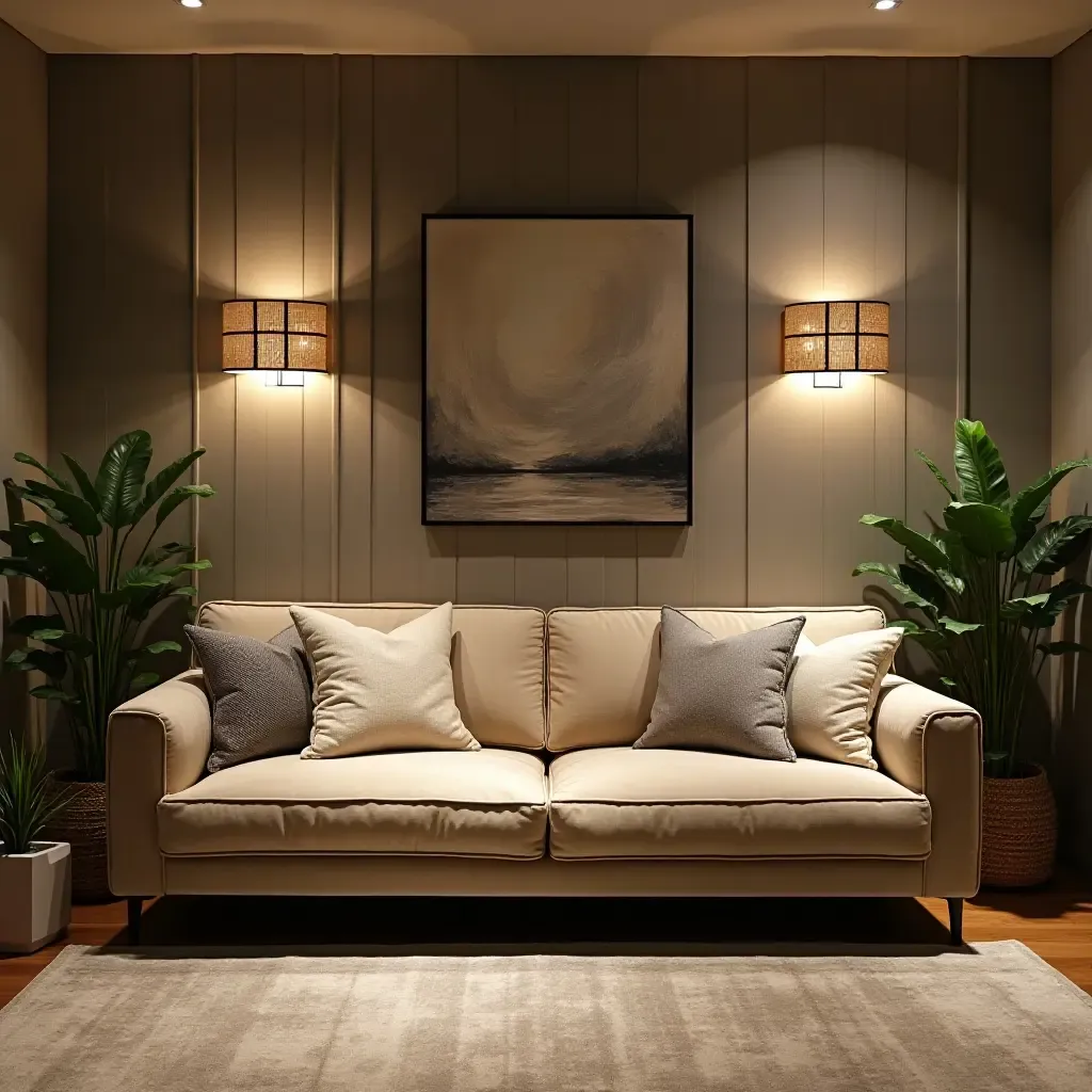 a photo of a basement with a cozy couch and plant accents