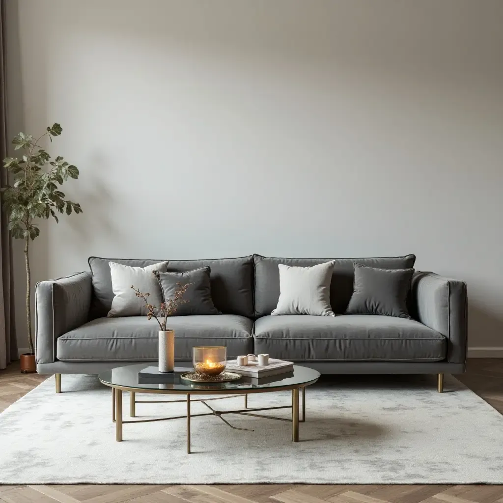 a photo of a grey sofa with a sleek glass coffee table and metallic accents