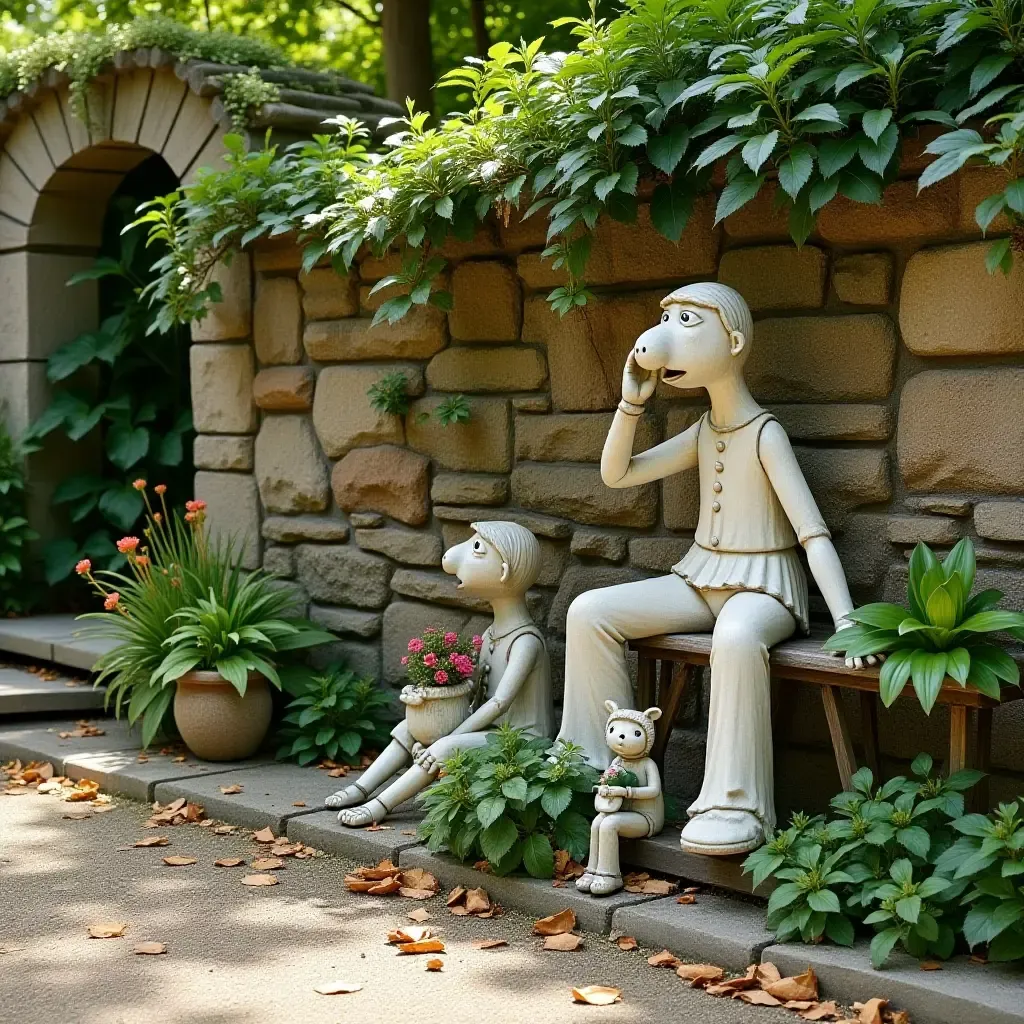 a photo of a charming garden wall with whimsical sculptures and plants