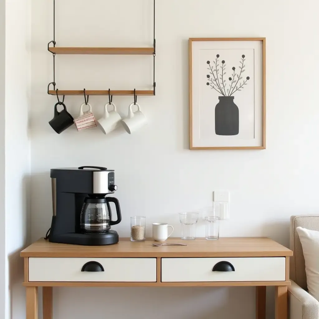 a photo of a chic coffee station with a hanging mug rack and art decor