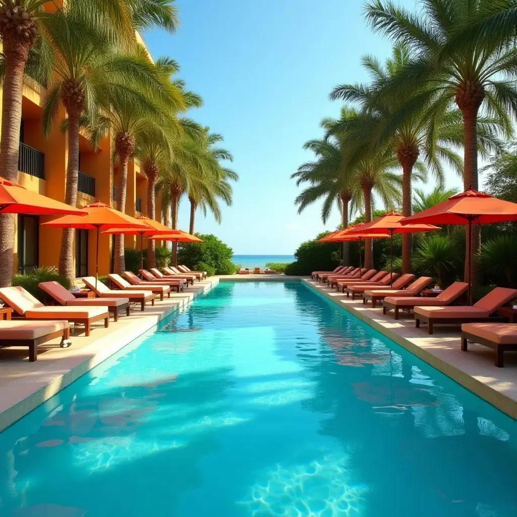 a photo of a luxurious resort pool with vibrant tropical colors and plush seating