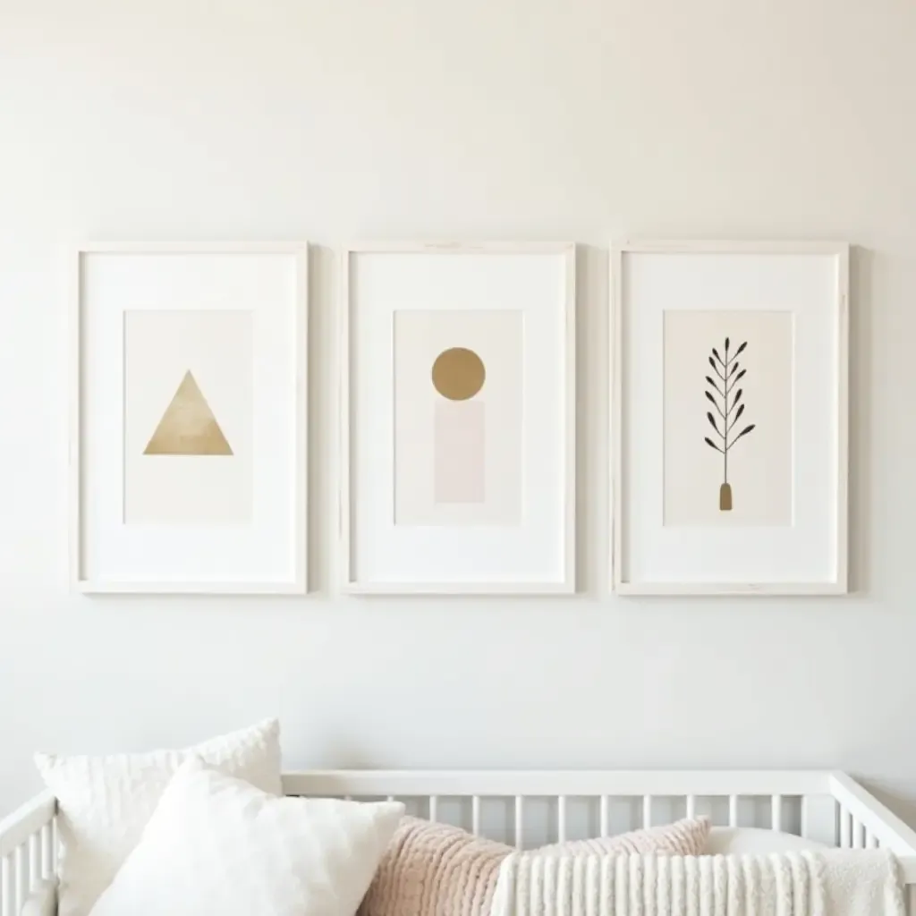 a photo of a nursery gallery wall with geometric art prints