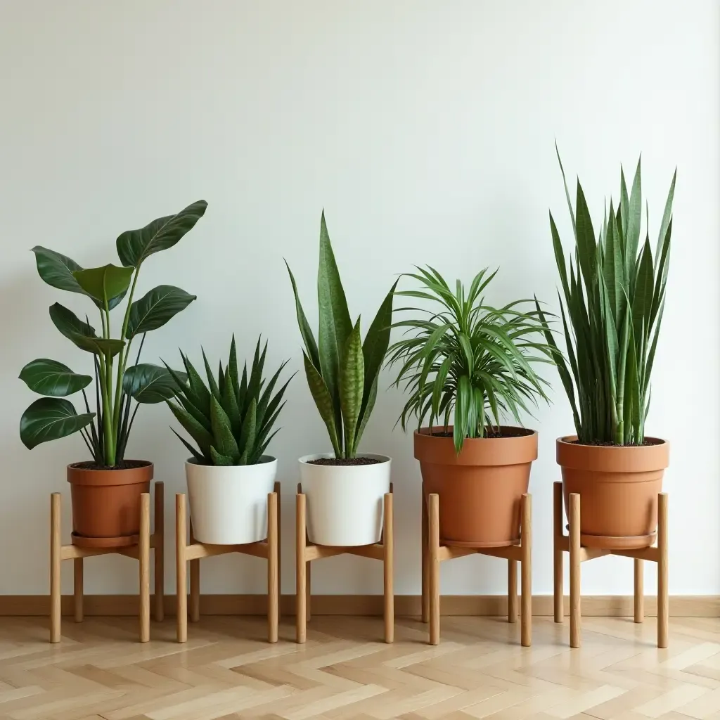 a photo of a plant stand showcasing various indoor plants