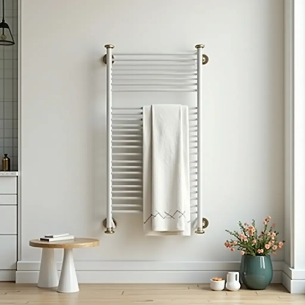 a photo of a bathroom with a vintage-inspired towel rack and accessories