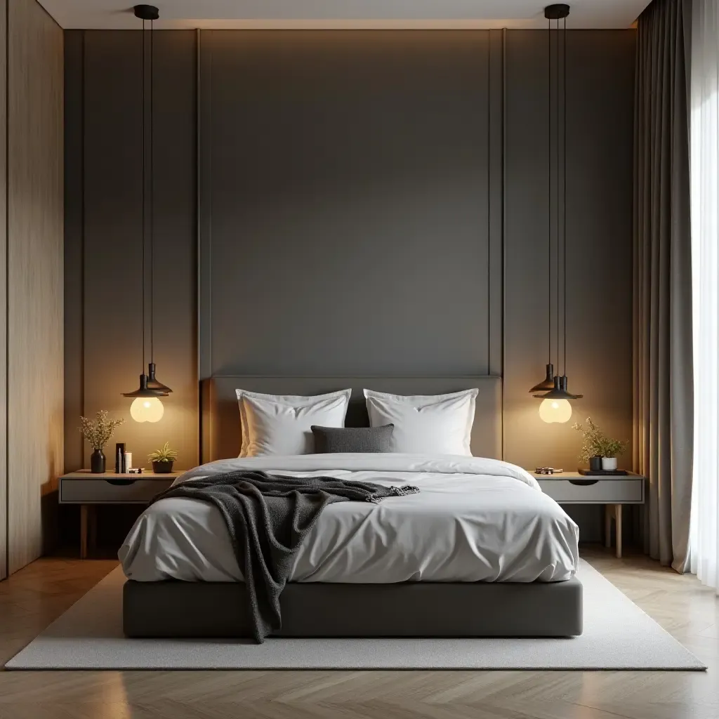 a photo of a sleek urban bedroom with modern pendant fixtures