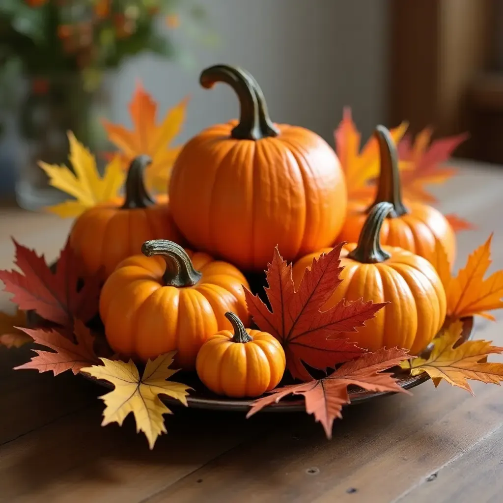 a photo of a seasonal centerpiece with autumn leaves and pumpkins