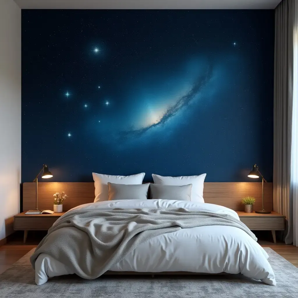 a photo of a starry night sky mural above a cozy bed