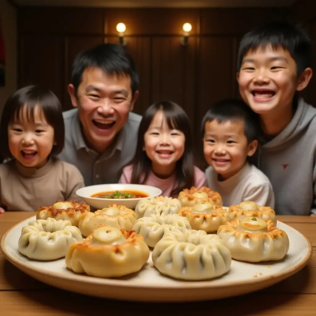 a photo of a family enjoying a dumpling feast, with diverse dumpling types and joyful expressions.