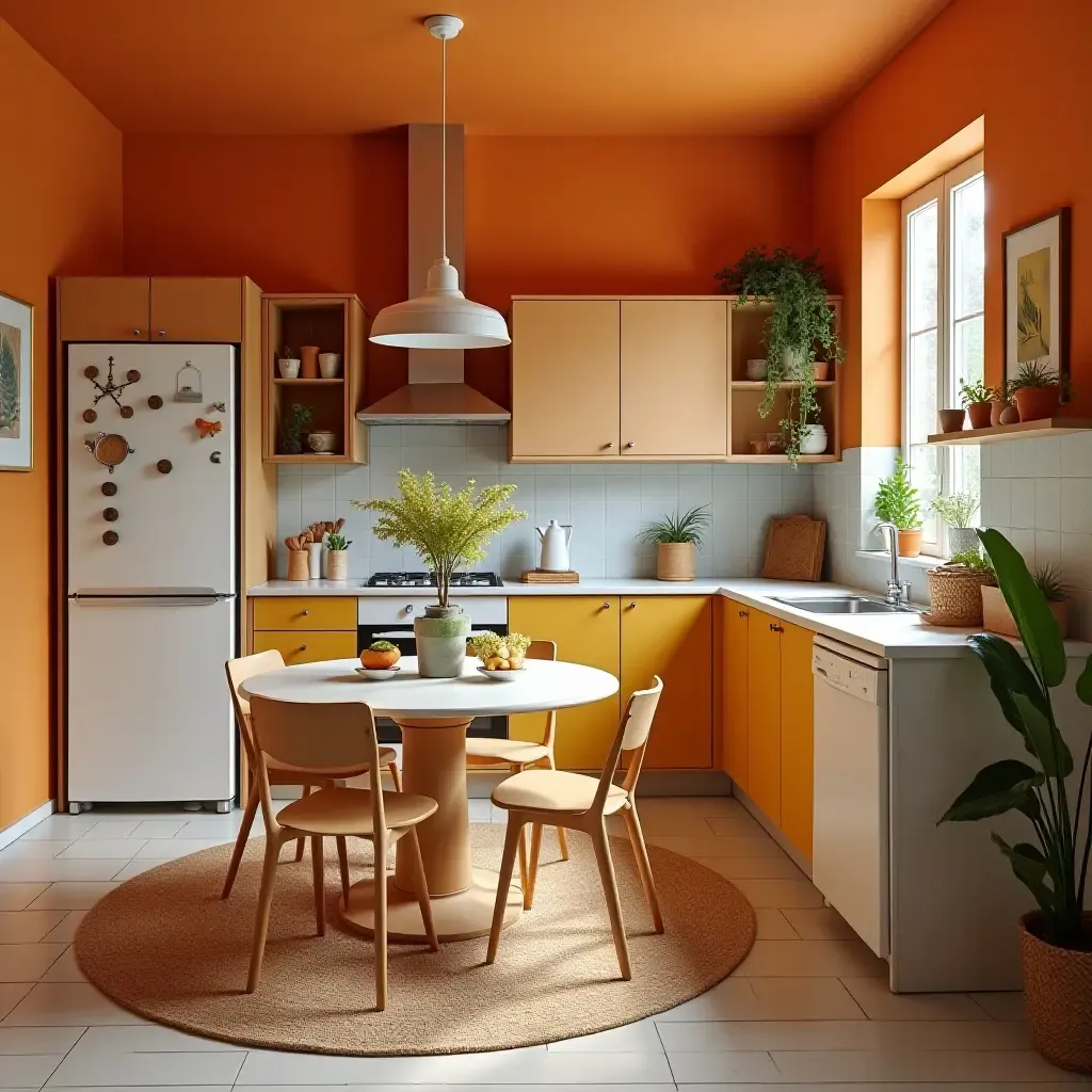 a photo of a vibrant kitchen with a round rug under the table