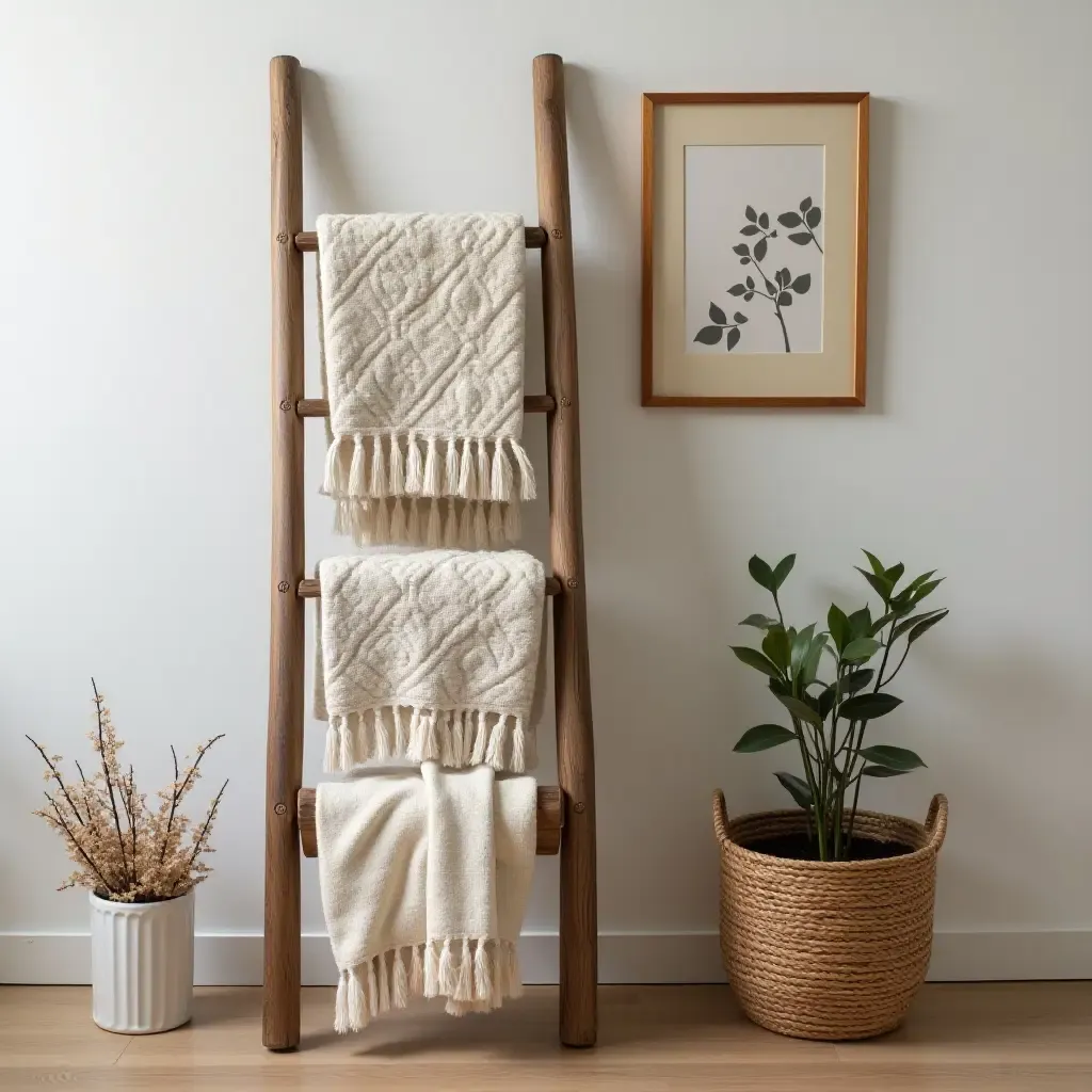 a photo of a decorative ladder displaying blankets and art