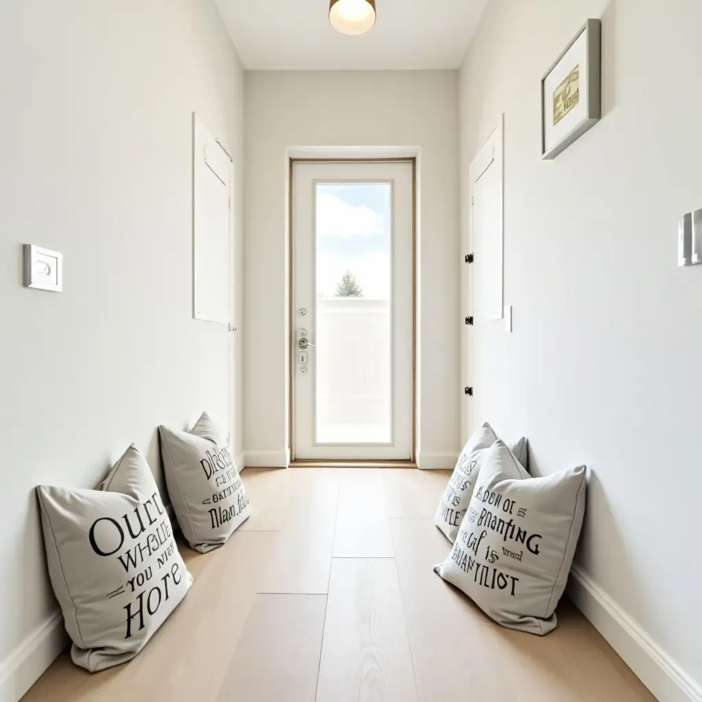 a photo of a bright corridor featuring throw pillows with inspirational quotes