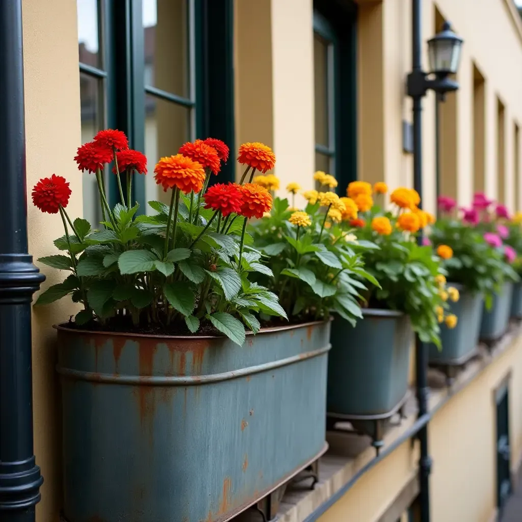 a photo of a balcony adorned with oversized metal pots and vibrant flowers