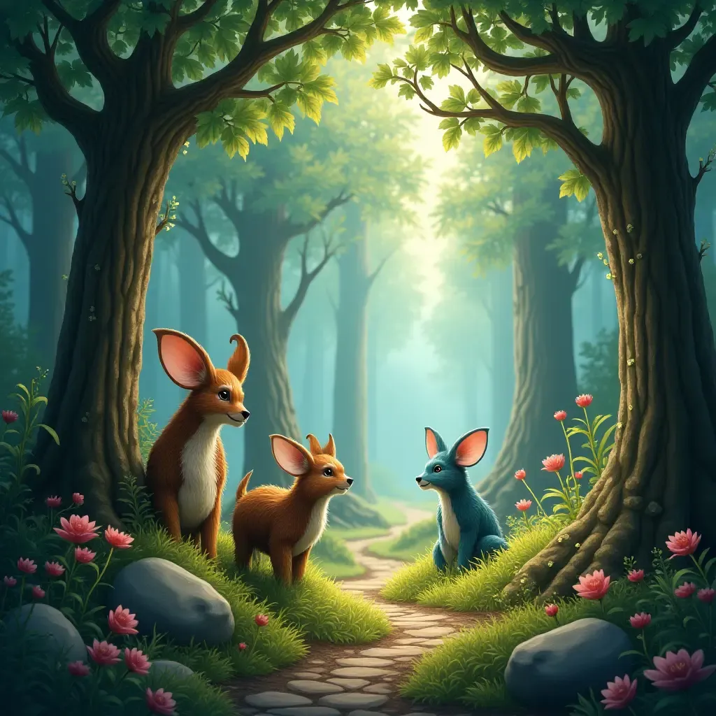 a photo of a charming fairy tale forest with magical creatures