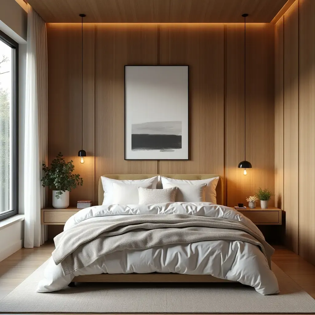 a photo of a cozy bedroom featuring wooden elements and art