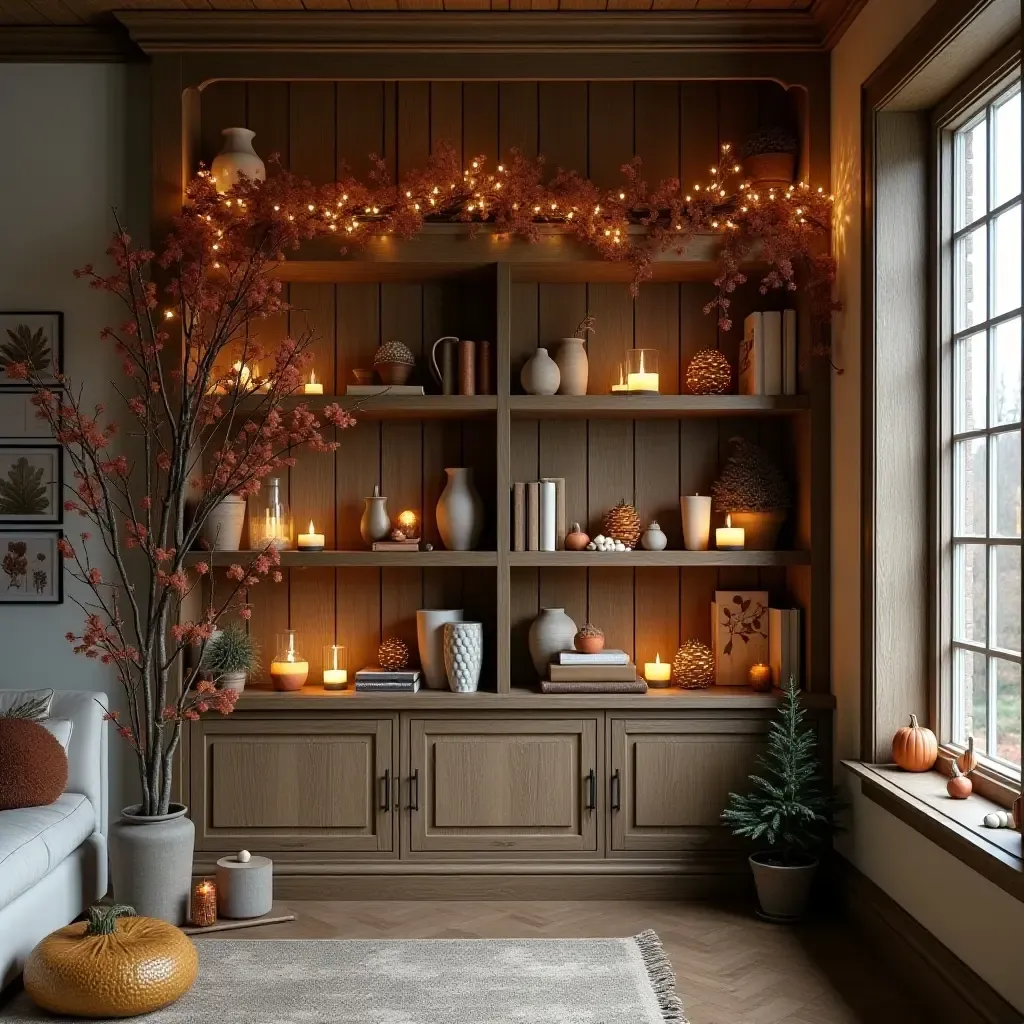 a photo of a rustic bookshelf styled with seasonal decorations