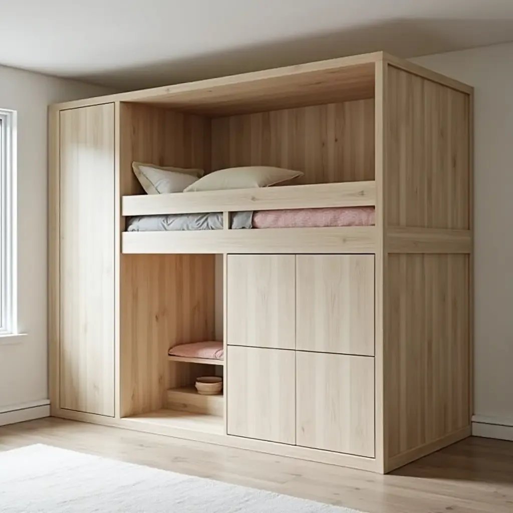 a photo of a minimalist loft bed with built-in storage solutions