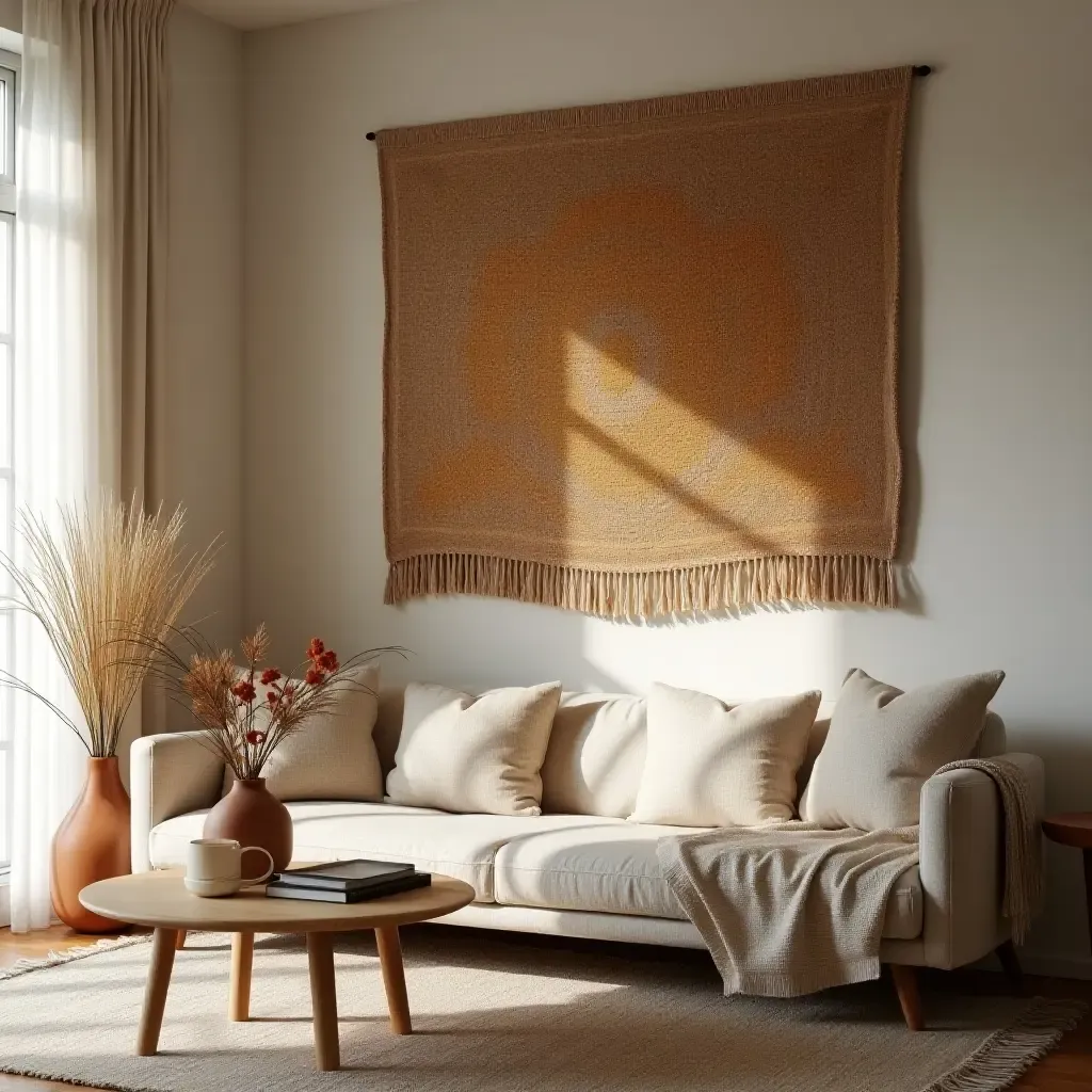 a photo of a living room featuring a woven tapestry and soft lighting