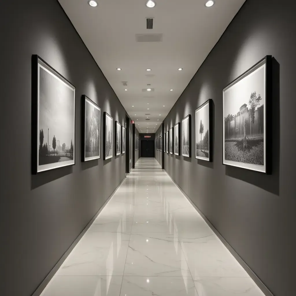 a photo of framed black and white photography in a corridor