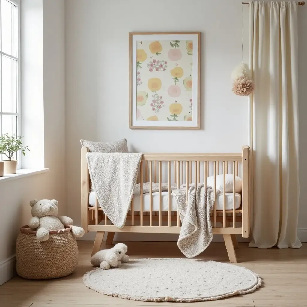 a photo of a nursery adorned with vintage quilts and soft rugs