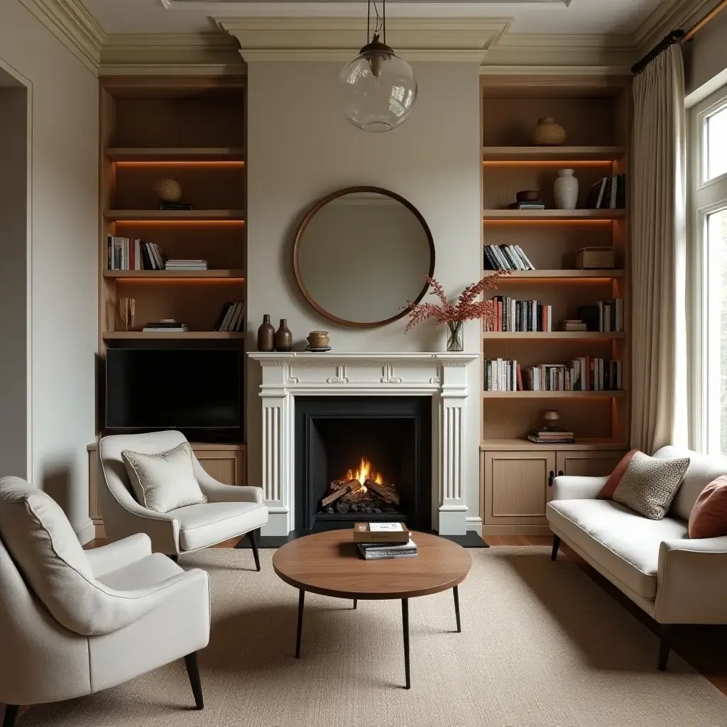 a photo of a small living room with a cozy fireplace and built-in bookshelves for comfort