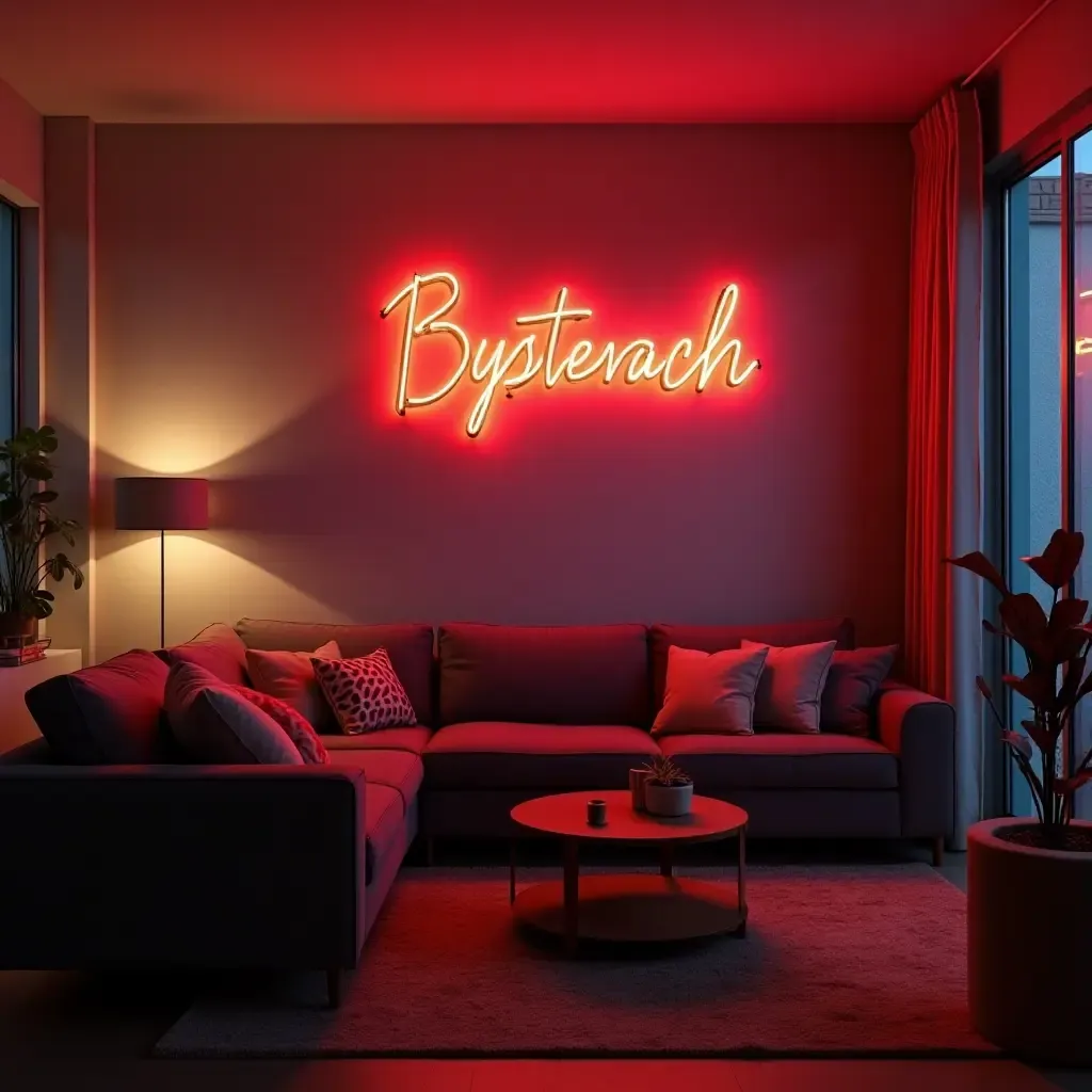 a photo of a small living room with a stylish neon sign