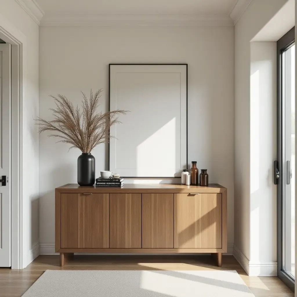 a photo of a stylish entrance hall featuring a console table and decorative items