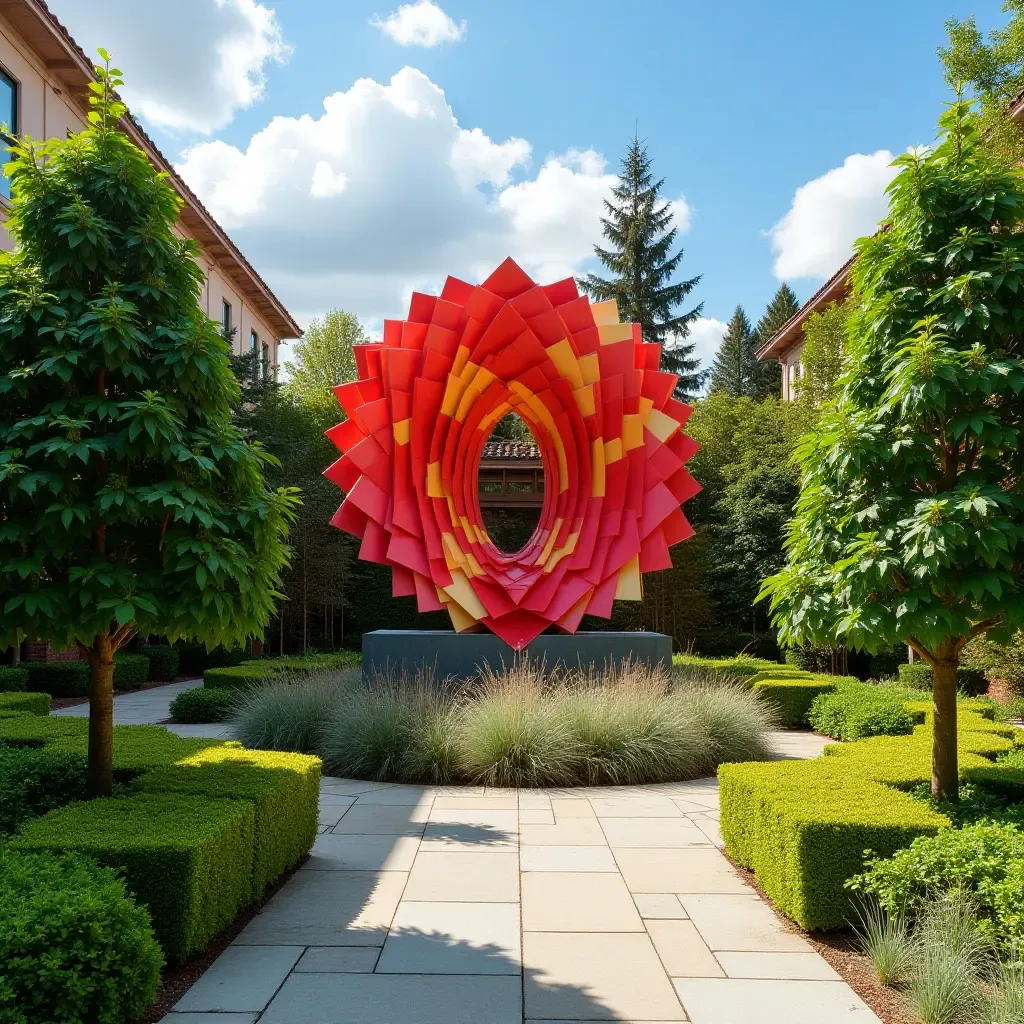 a photo of a vibrant outdoor art installation surrounded by manicured landscaping