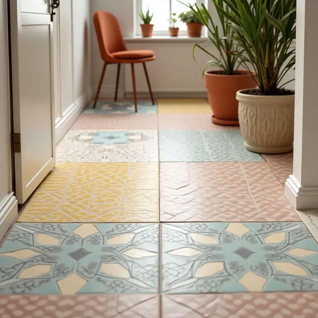 a photo of a playful floor design with colorful tiles