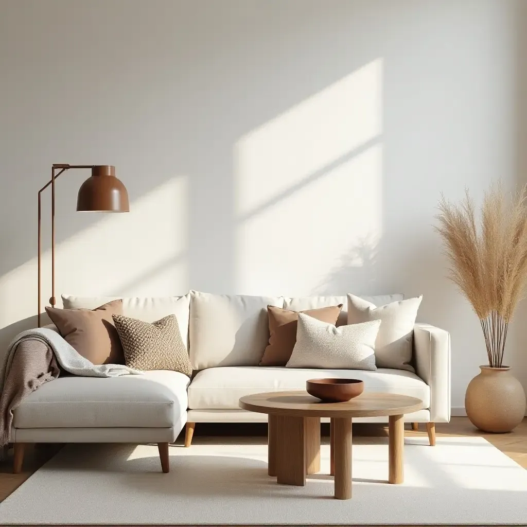 a photo of a cozy minimalist living room with layered textiles and soft colors