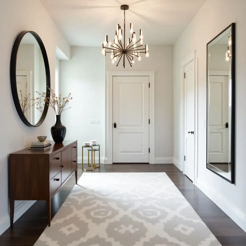 a photo of a chic foyer with a statement chandelier and mirrored accents