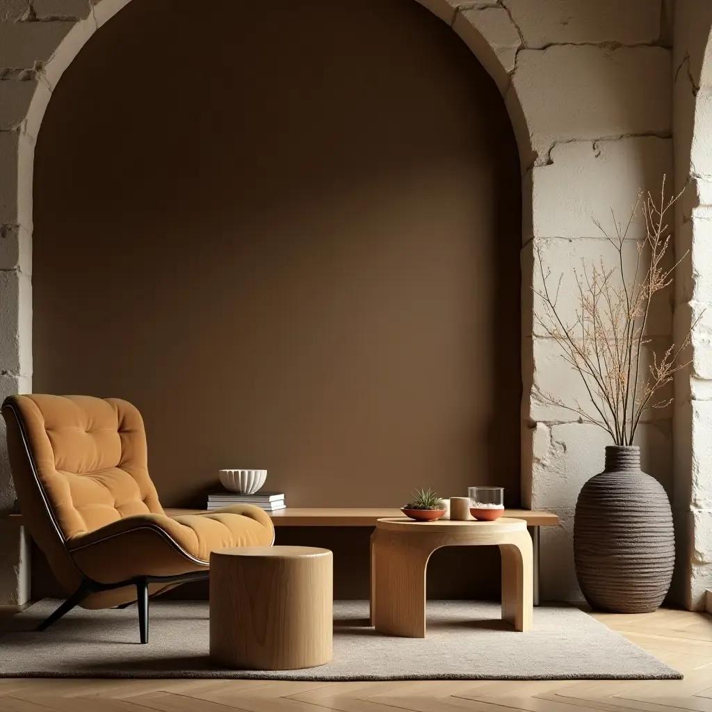 a photo of a wooden side table in a basement seating area