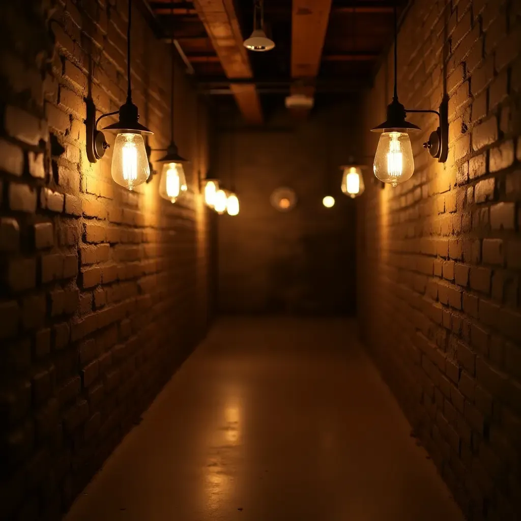 a photo of vintage lighting fixtures illuminating a basement space