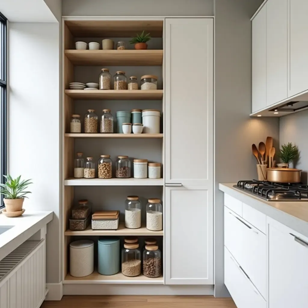 a photo of a small kitchen with a compact pantry and stylish containers