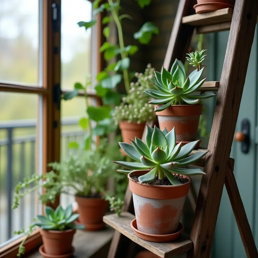 a photo of a balcony with a rustic ladder displaying potted succulents